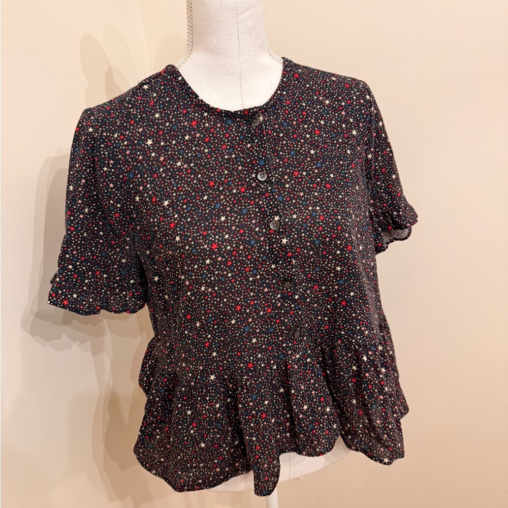 Madewell Black Star Print Ruffle Blouse